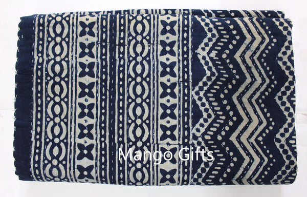 Indigo Hand Block Print 100%Cotton Kantha Bedcover Traditional Indian Home Decor - Mangogiftsstore