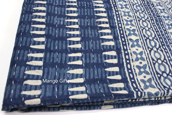 Indigo Hand Block Print 100%Cotton Kantha Bedcover Traditional Indian Home Decor - Mangogiftsstore