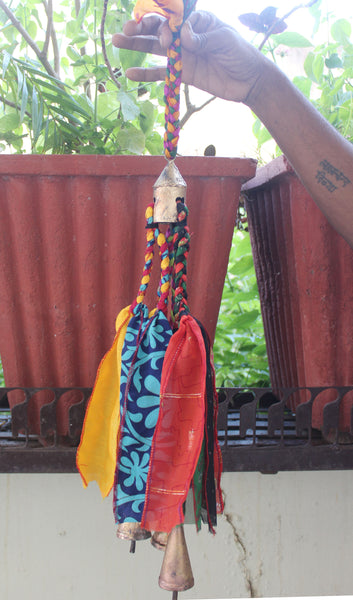 Recycled Silk Sari with Bells Hanging Windchime for Patio Outdoor and Party Decoration