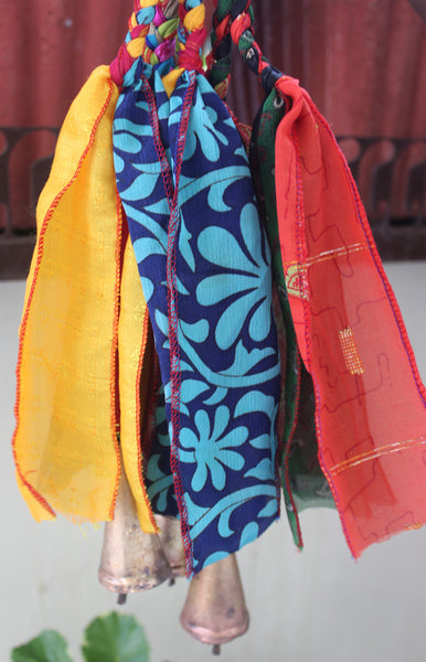 Recycled Silk Sari with Bells Hanging Windchime for Patio Outdoor and Party Decoration