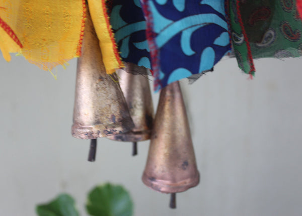 Recycled Silk Sari with Bells Hanging Windchime for Patio Outdoor and Party Decoration