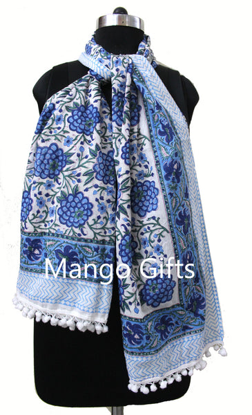 Hand Block Print 100%Cotton Beach Wrap Dress Long Dupatta Sarong Bikini Cover-Up Swimwear Pareo - Mangogiftsstore