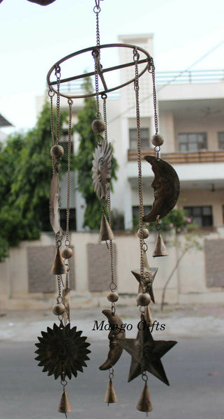 Sun N Moon Recycled Iron Hanging Windchime Beads Bells Suncatcher Indian Antique - Mangogiftsstore