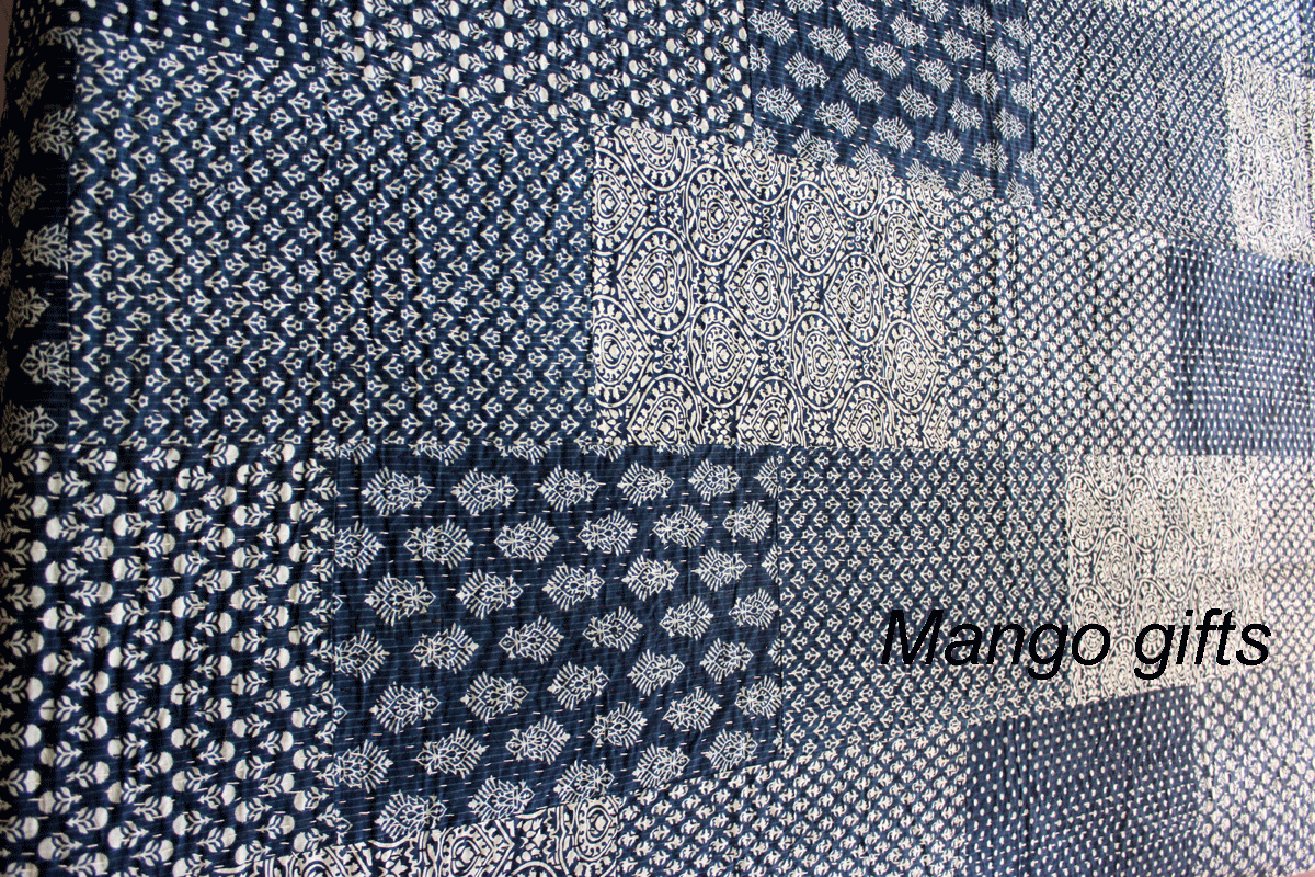 Handmade Indigo Kantha Patchwork Twin Bedspread