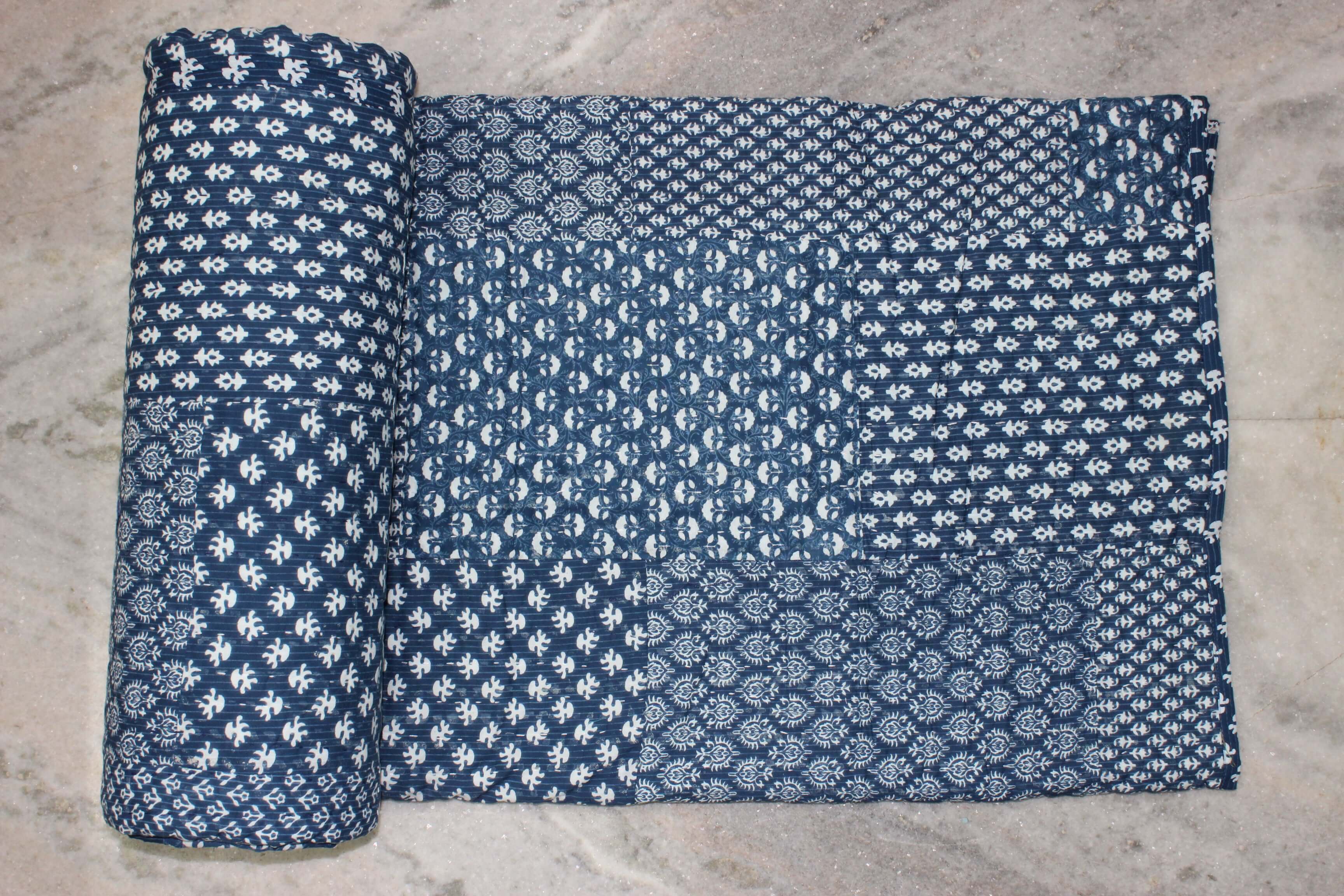 Handmade Indigo Kantha Patchwork Twin Bedspread