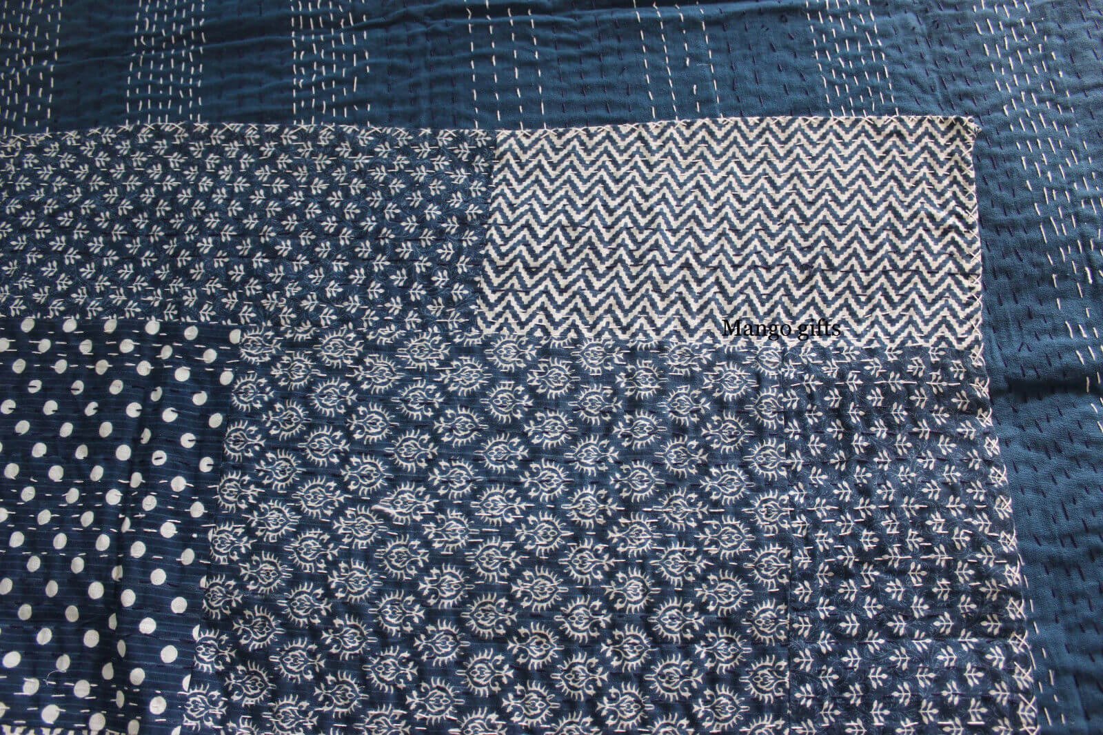 Handmade Indigo Kantha Patchwork Twin Bedspread