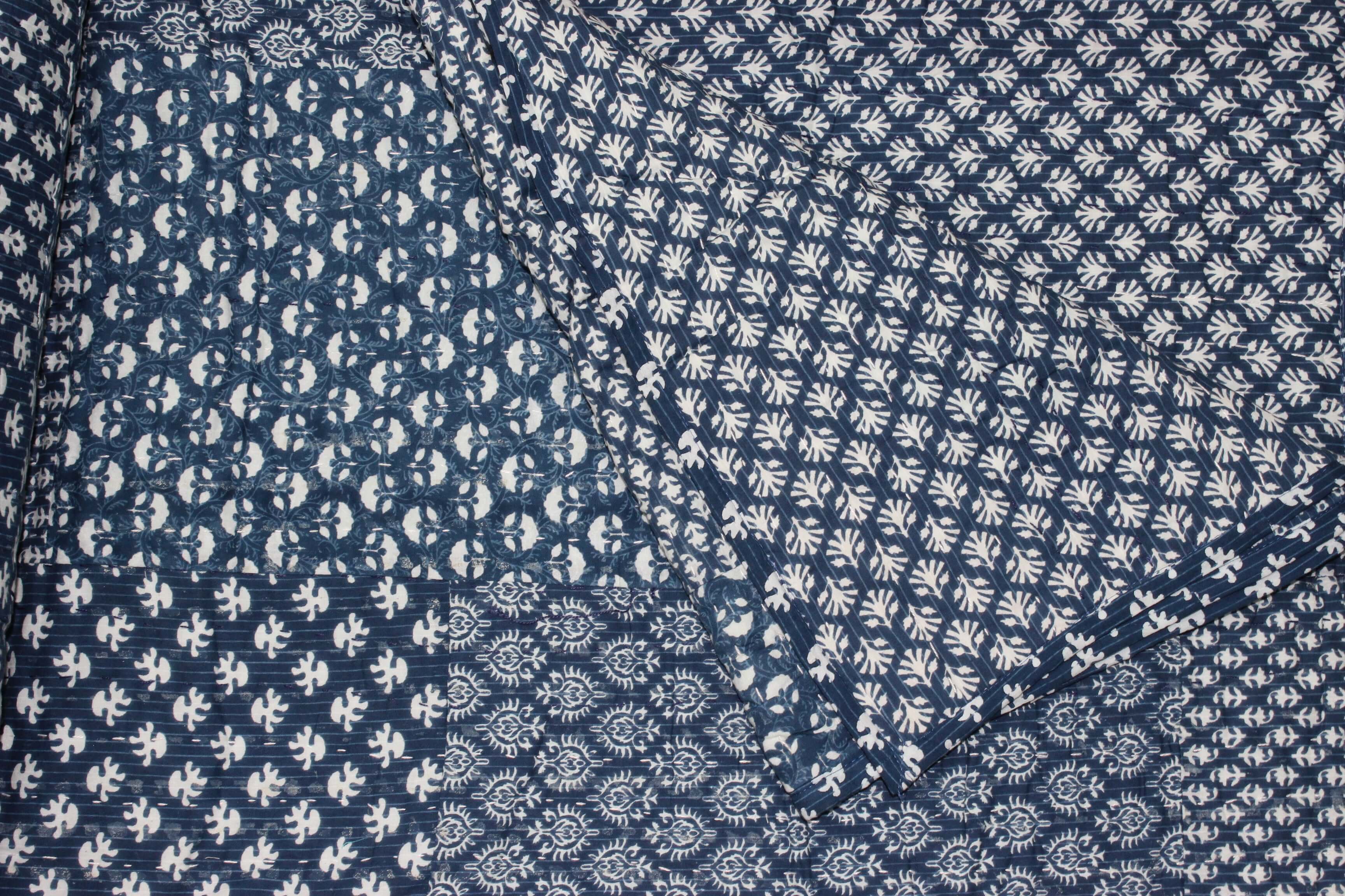 Handmade Indigo Kantha Patchwork Twin Bedspread