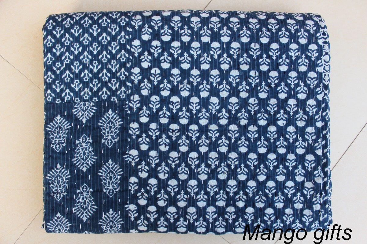 Handmade Indigo Kantha Patchwork Twin Bedspread