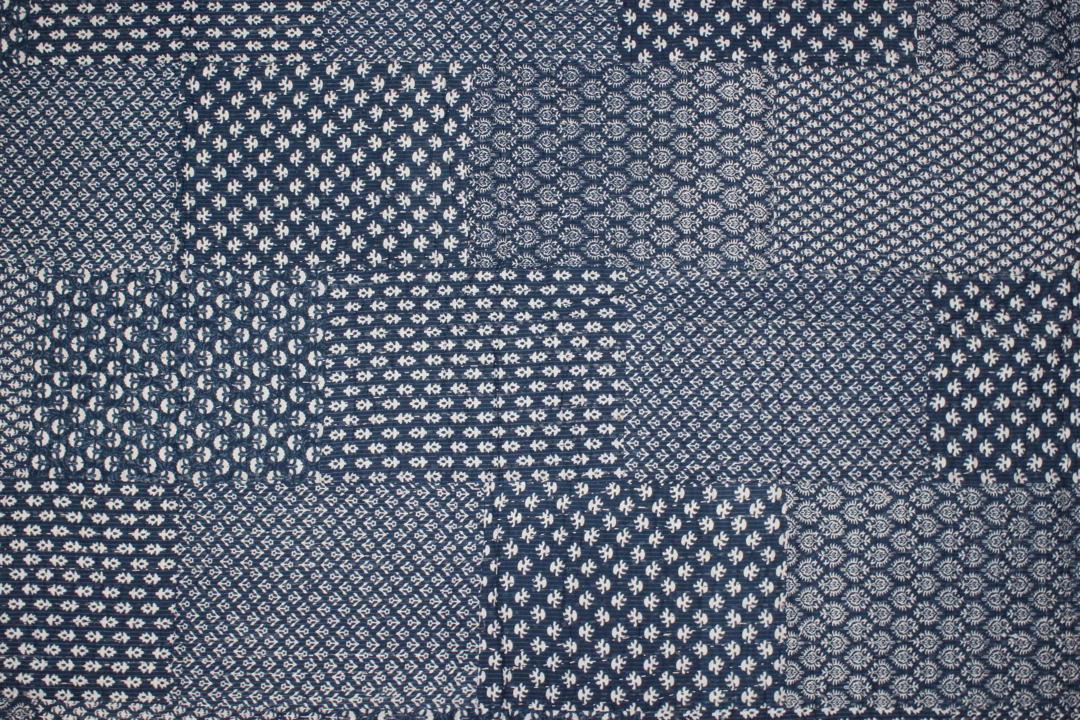 Handmade Indigo Kantha Patchwork Twin Bedspread