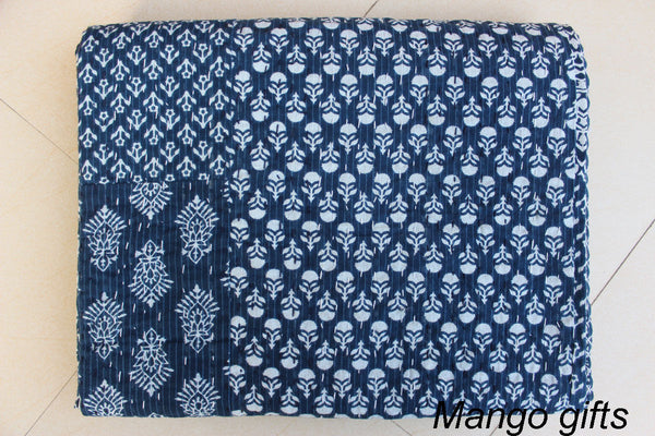 Indian Cotton Kantha Patchwork Indigo bedspread bedcover Twin size Handmade