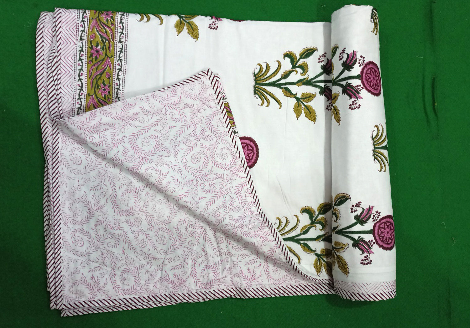 White Cotton Quilt Floral Reversible Handblock print Jaipur Razai Soft Blanket