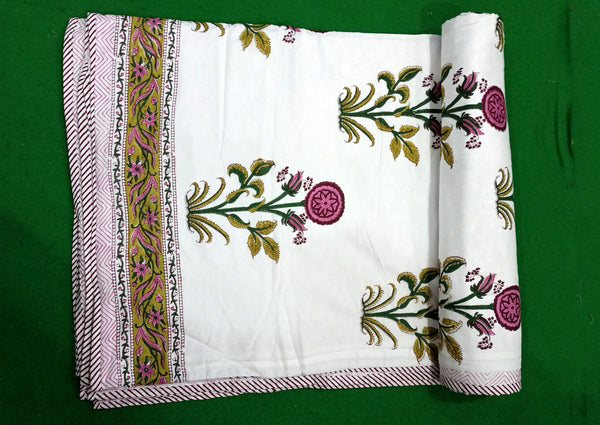 White Cotton Quilt Floral Reversible Handblock print Jaipur Razai Soft Blanket