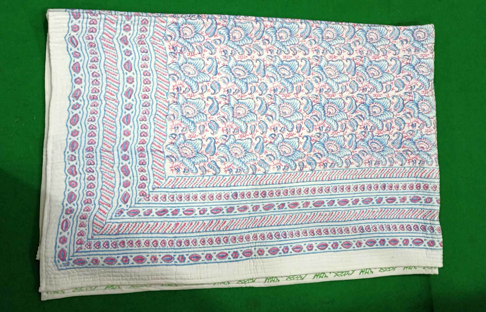 Floral reversible cotton quilt with intricate handblock print, 100% organic Jaipur razai bedspread, lightweight and soft.