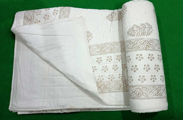 White Cotton Quilt Handblock print Jaipur Razai Soft Bedspread Sofa Throw