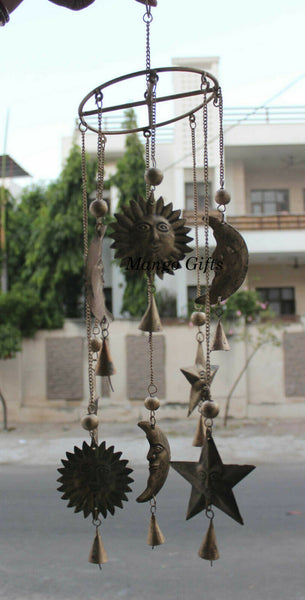 Sun N Moon Recycled Iron Hanging Windchime Beads Bells Suncatcher Indian Antique - Mangogiftsstore