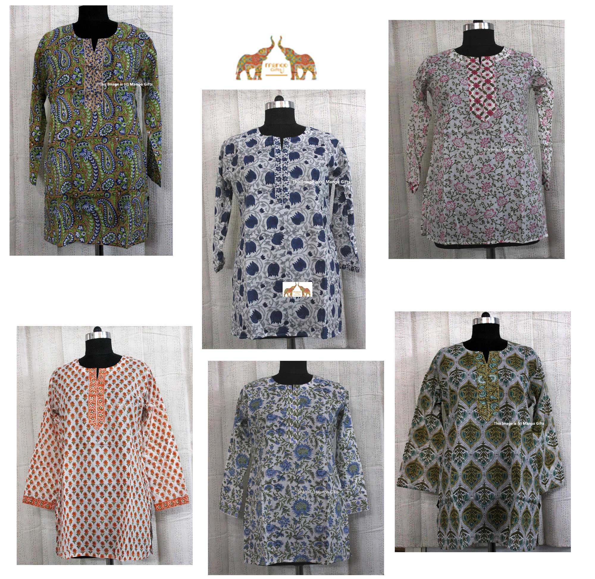Indian 100%Cotton Hand Block Printed Tunics Tops Indian Kurti Women Summer Fashion Wear V-Neck Casual Tops - Mangogiftsstore