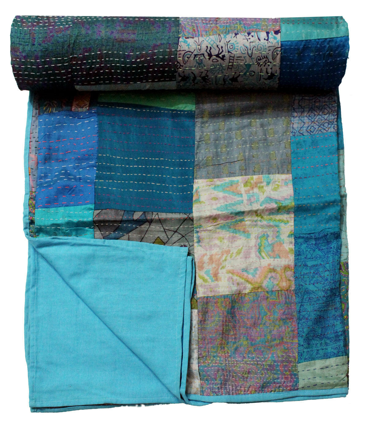 Vintage Indian Silk Sari Kantha Patchwork Quilt Gudri Bedspread Ralli Bed cover - Mangogiftsstore
