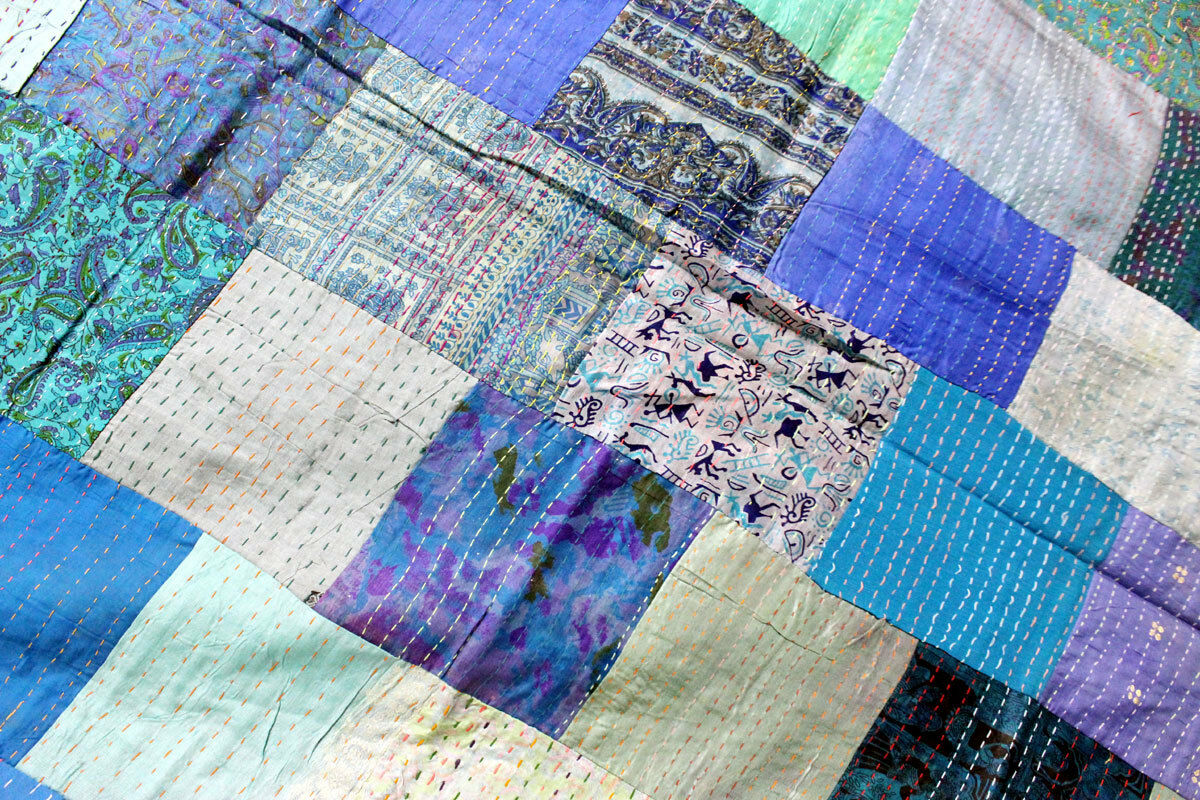 Vintage Indian Silk Sari Kantha Patchwork Quilt Gudri Bedspread Ralli Bed cover - Mangogiftsstore