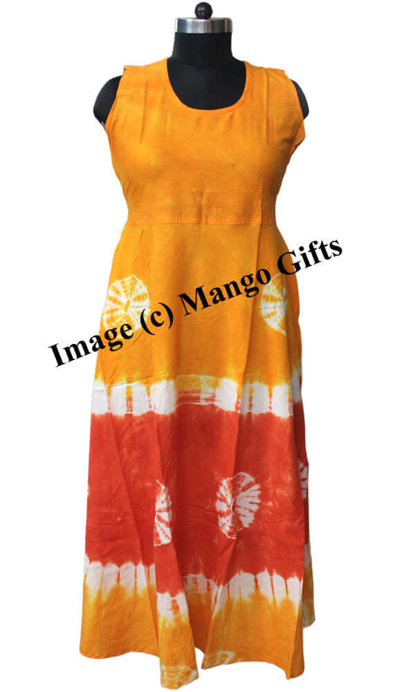 Cotton tie-dye maxi dress in vibrant orange and yellow, perfect for summer beach outings.