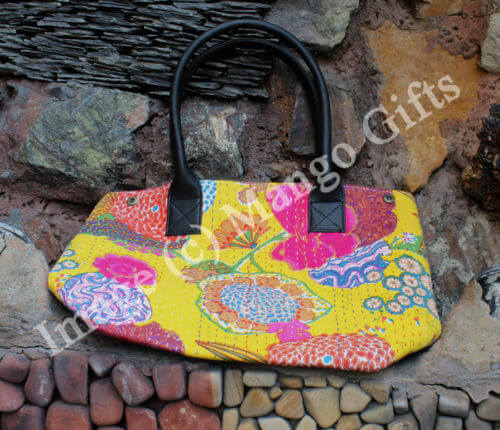 Kantha Yellow Tota/Tote Bag Hand Stitch Shopping Bag Handbags