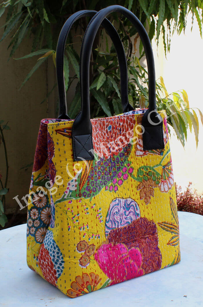 Kantha Yellow Tota/Tote Bag Hand Stitch Shopping Bag Handbags