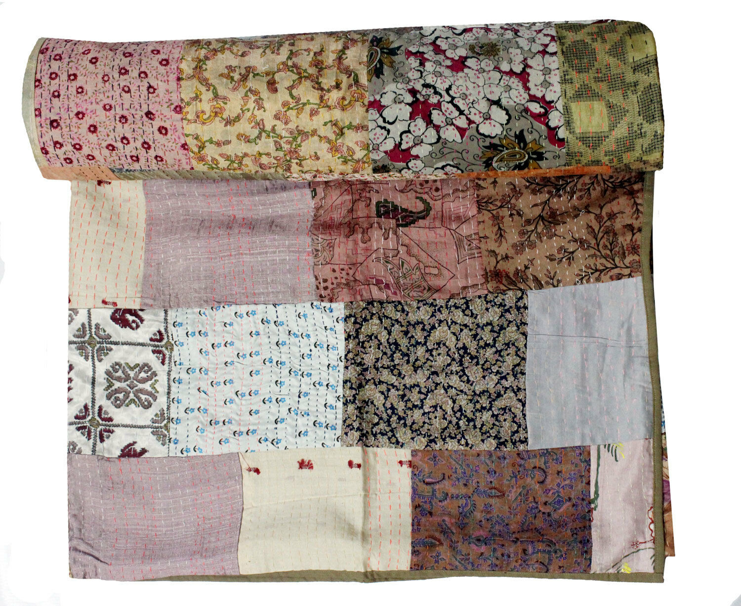 Vintage Indian Silk Sari Kantha Patchwork Quilt Gudri Bedspread Ralli Bed cover - Mangogiftsstore