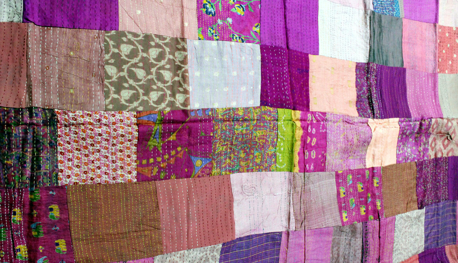 Vintage Indian Silk Sari Kantha Patchwork Quilt Gudri Bedspread Ralli Bed cover - Mangogiftsstore