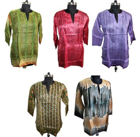 Indian Silk Sari Recycle V Neck Tunics Fashion Wear Women Top Wholesale Lot - Mangogiftsstore