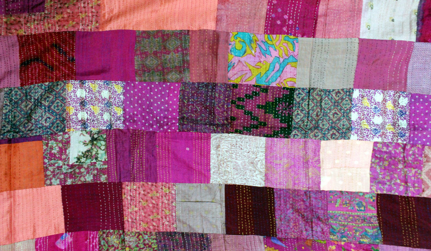 Vintage Indian Silk Sari Kantha Patchwork Quilt Gudri Bedspread Ralli Bed cover - Mangogiftsstore