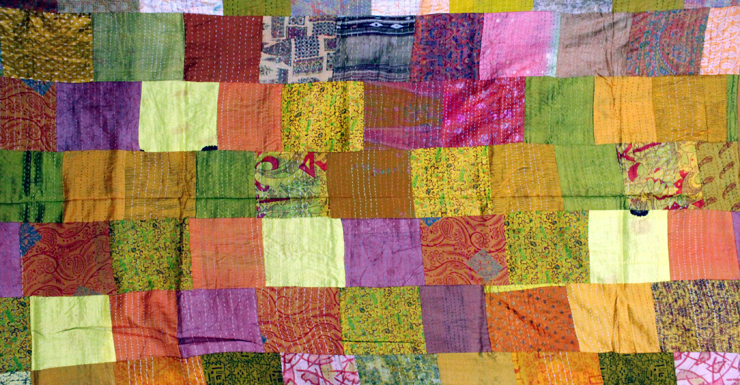 Vintage Indian Silk Sari Kantha Patchwork Quilt Gudri Bedspread Ralli Bed cover - Mangogiftsstore