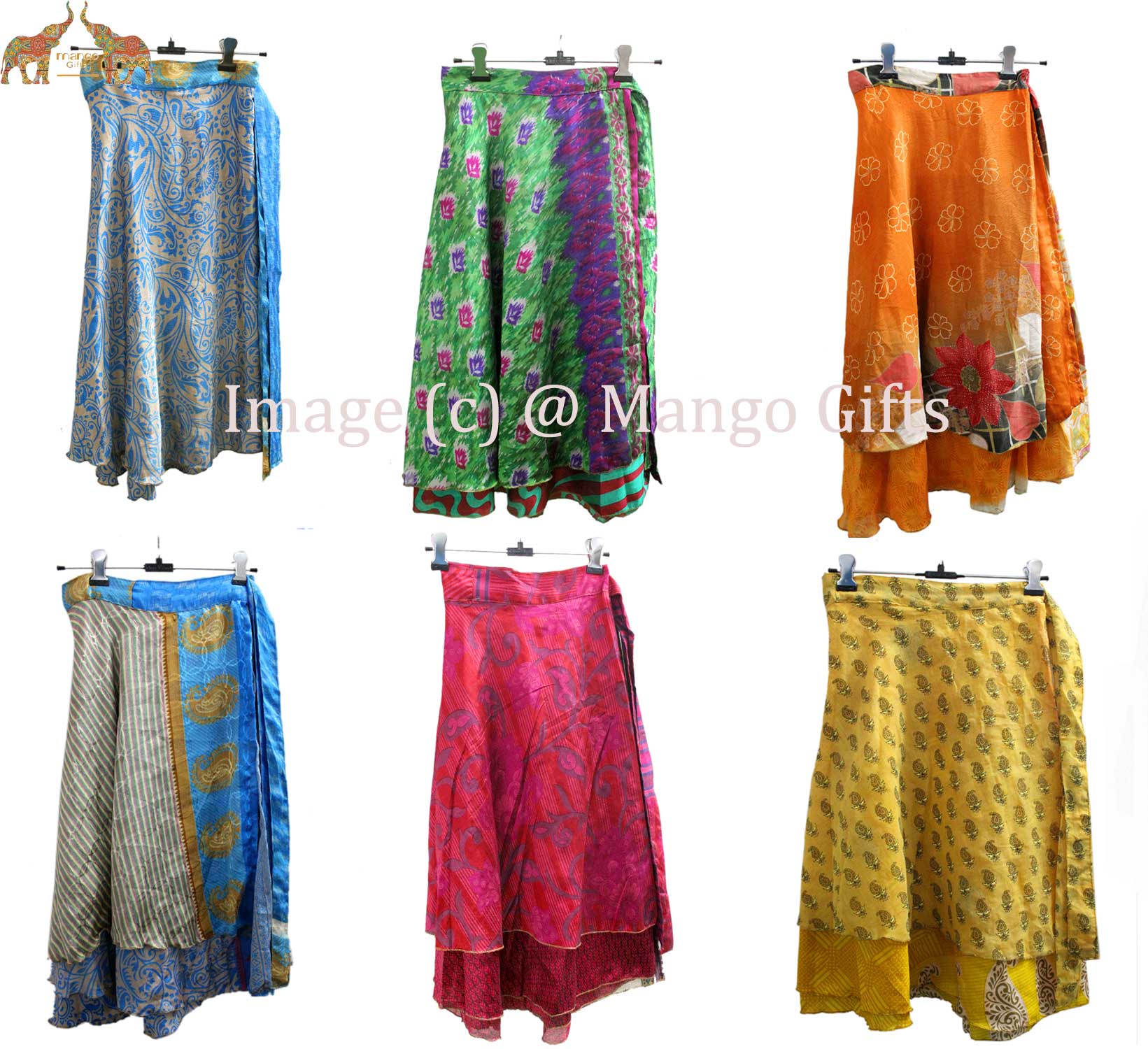 Vintage 2 Layer Silk Sari Saree Magic Wrap Around Skirt Dress Beach Wear Sarong Wholesale