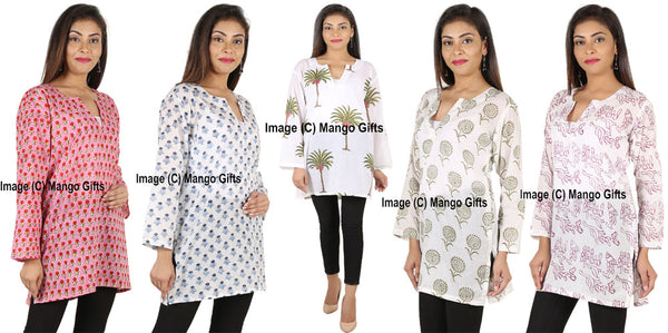 Indian 100%Cotton Hand Block Printed Tunics Tops Indian Kurti Women Summer Fashion Wear V-Neck Casual Tops - Mangogiftsstore