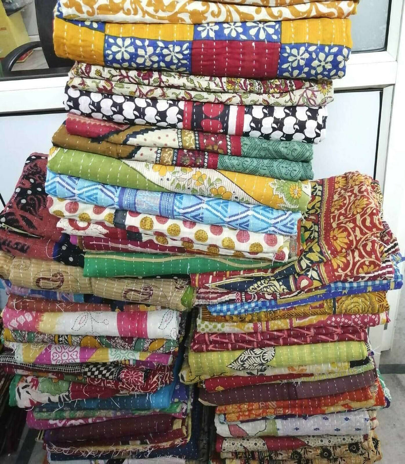 Handmade Vintage Kantha Cotton Quilt Throw - Twin Size 85x55 Inch, Multicolor, Abstract Art Design | Indian Bedspread