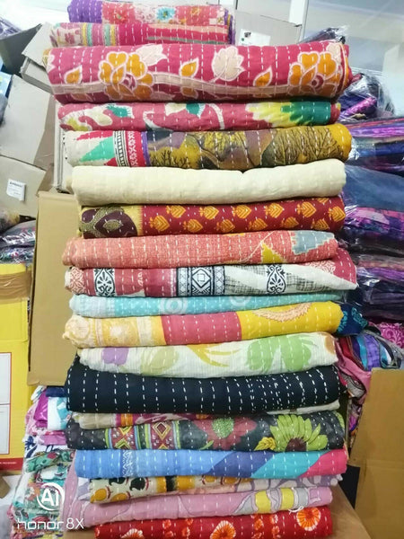 Old Vintage Kantha Sari 100%Cotton Throws Reversible Handmade Blanket