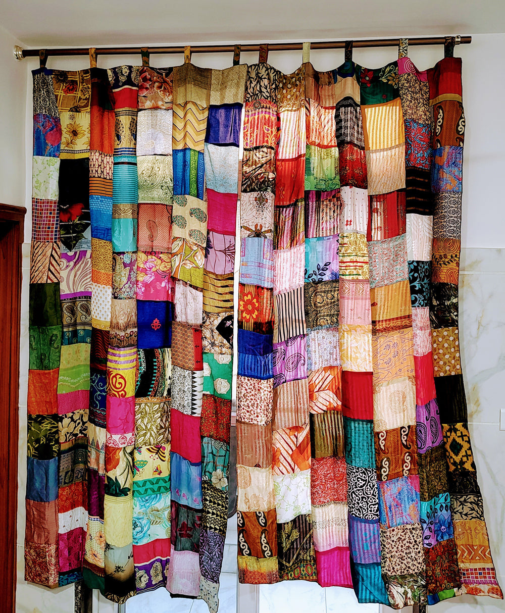 Boho,Boho Curtains,Boho Decor,Boho Theme,Drapes,Gypsy,Handcrafted,Handmade,Hippie,Hippie hippy,IndianSilk Sari,Multicolour,Old Sari,Panels,Patchwork,Recycled Sari,Vintage,Window Curtains