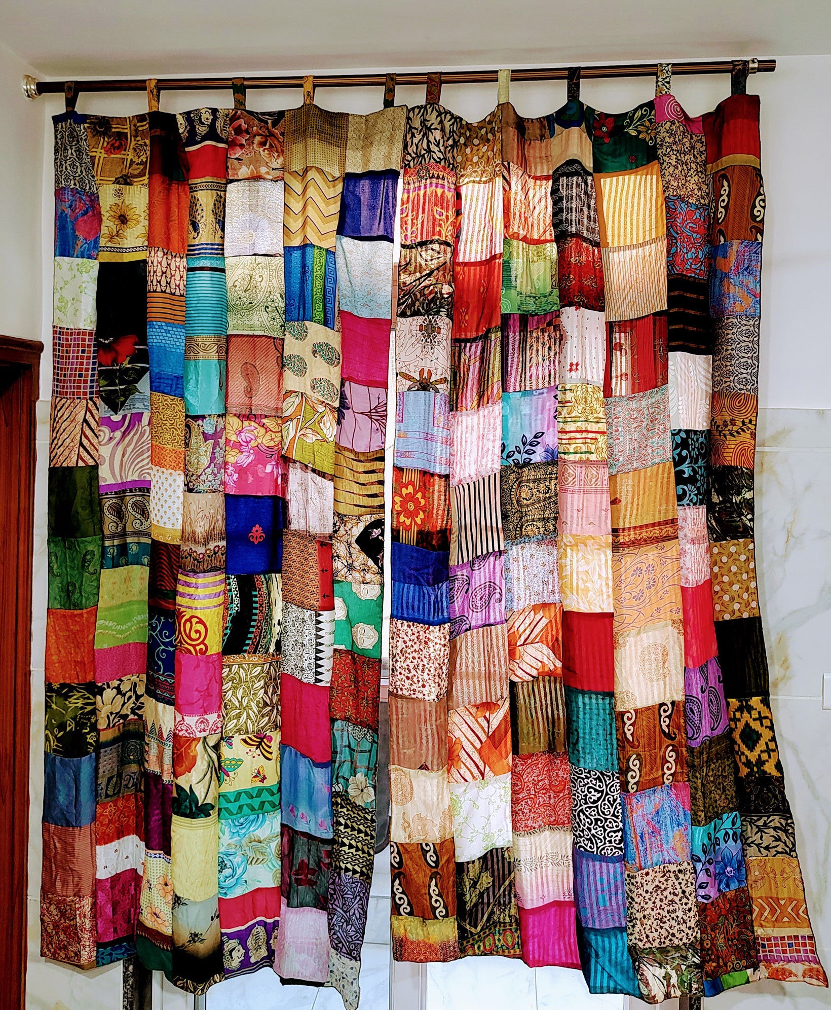 Boho,Boho Curtains,Boho Decor,Boho Theme,Drapes,Gypsy,Handcrafted,Handmade,Hippie,Hippie hippy,IndianSilk Sari,Multicolour,Old Sari,Panels,Patchwork,Recycled Sari,Vintage,Window Curtains