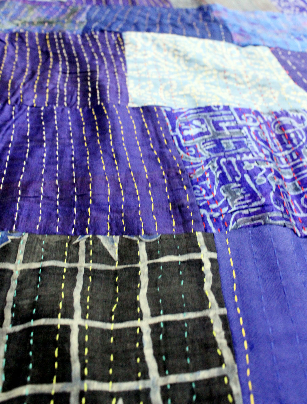 Vintage Indian Silk Sari Kantha Patchwork Quilt Gudri Bedspread Ralli Bed cover - Mangogiftsstore