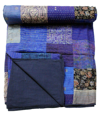 Vintage Indian Silk Sari Kantha Patchwork Quilt Gudri Bedspread Ralli Bed cover - Mangogiftsstore