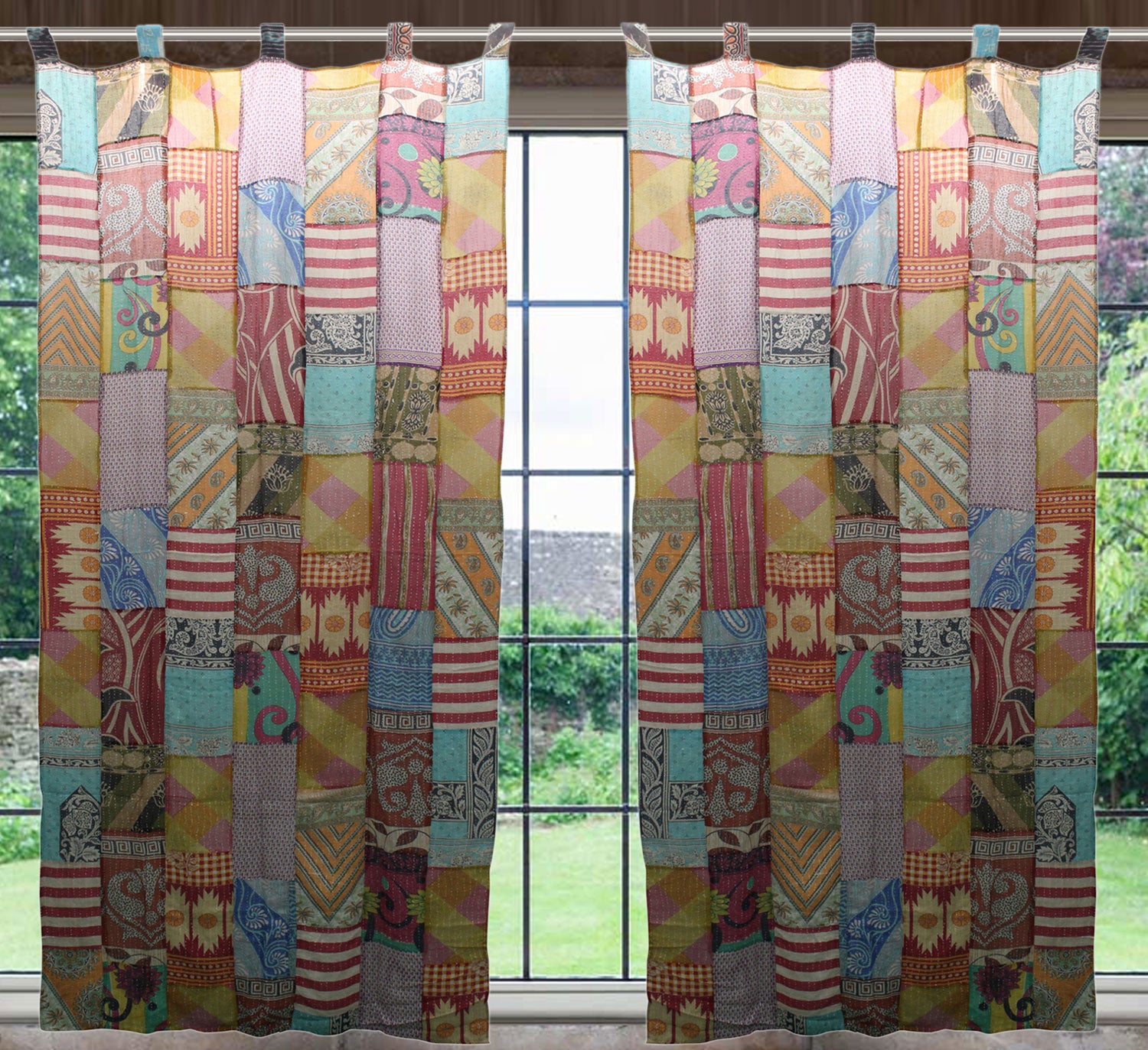 Upcycled Vintage Sari Curtain - Boho Kantha Drapes