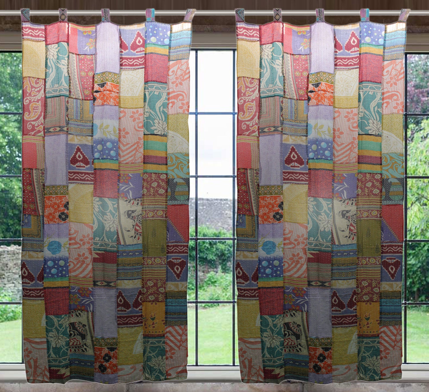 Upcycled Vintage Sari Curtain - Boho Kantha Drapes