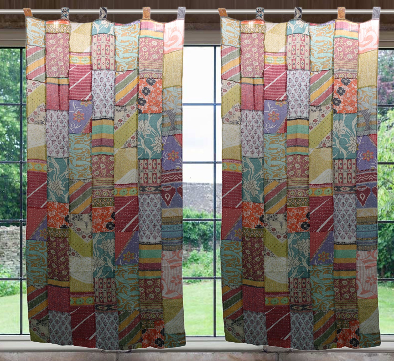 Upcycled Vintage Sari Curtain - Boho Kantha Drapes