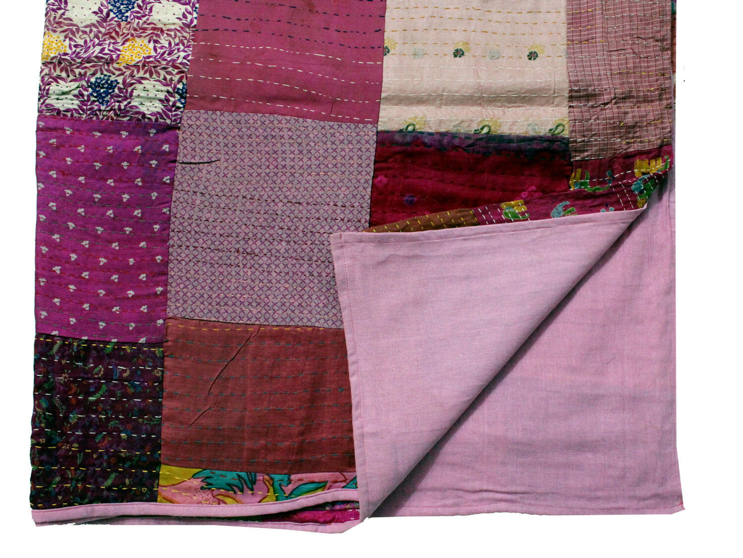 Vintage Indian Silk Sari Kantha Patchwork Quilt Gudri Bedspread Ralli Bed cover - Mangogiftsstore