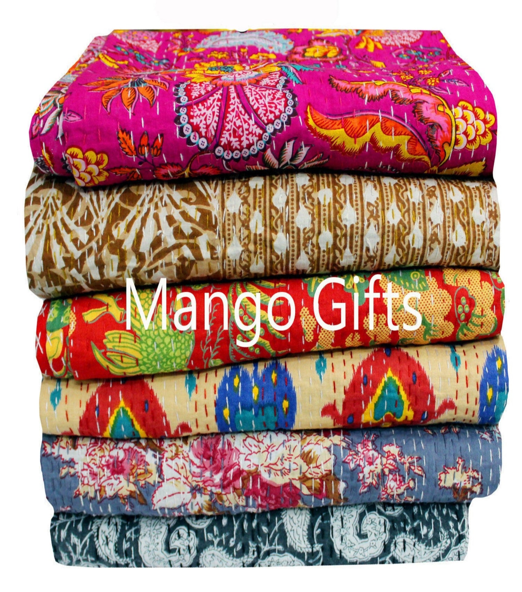 Twin Size Cotton Kantha Blanket/Bedspread/Becover/Bed throw Set of 6 pcs - Mangogiftsstore