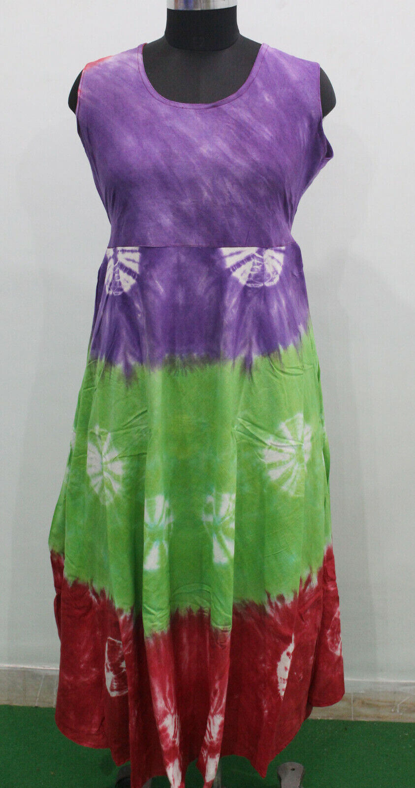 Colorful tie-dye maxi dress in purple, green, and red for women, perfect for beach summer outings.