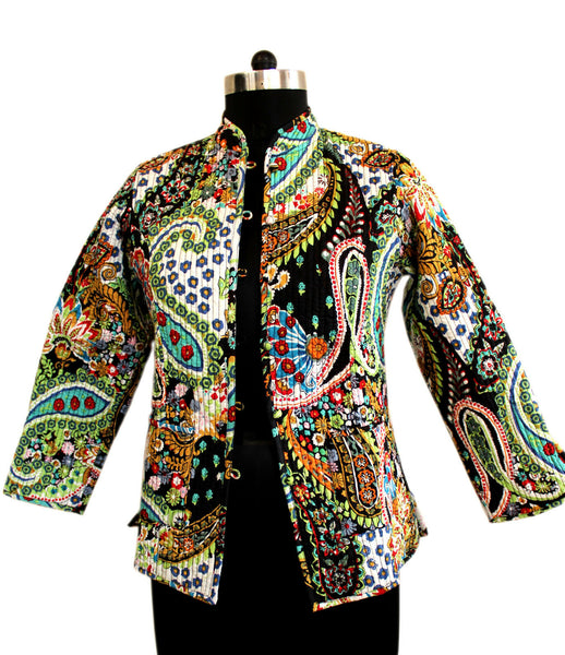 Women Floral Printed Quilted Cotton Lightweight Reversible Fashion Wear Jacket