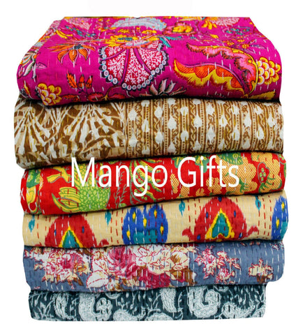 Twin Size Cotton Kantha Blanket/Bedspread/Becover/Bed throw Set of 6 pcs - Mangogiftsstore