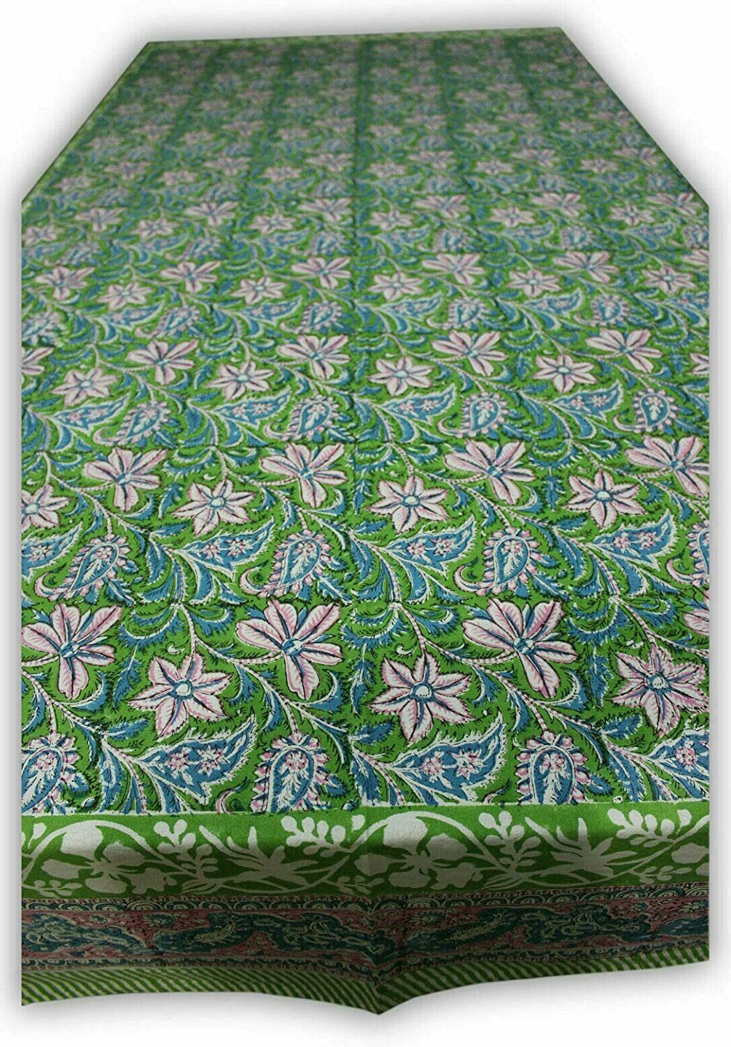 Hand Block Print Tablecloth 100% Cotton Green 60x90 Inch