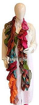 Women Vintage Silk Sari Saree Recycled Scarves Stoles Patchwork Ruffle scarf - Mangogiftsstore