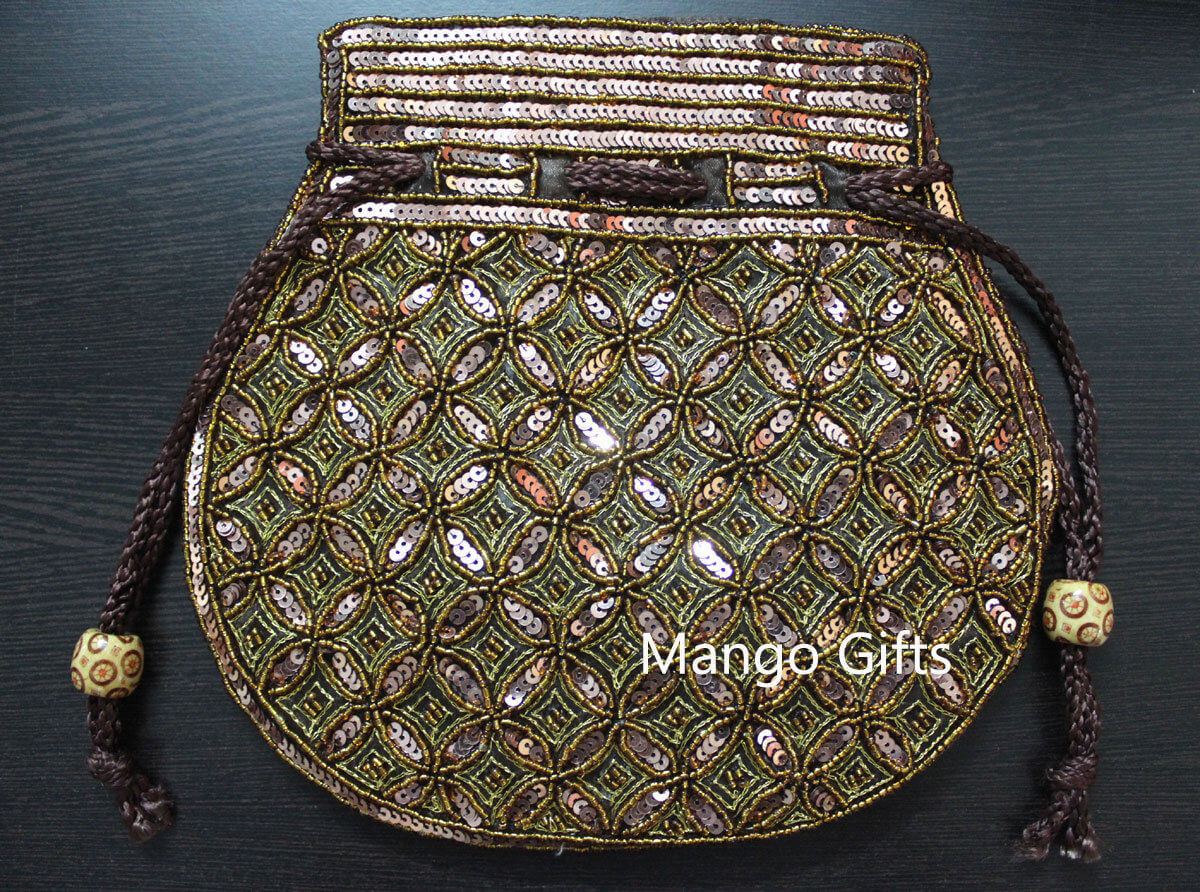 Stylish brown golden sequin potli bag with intricate design and braided strap, perfect for special occasions.