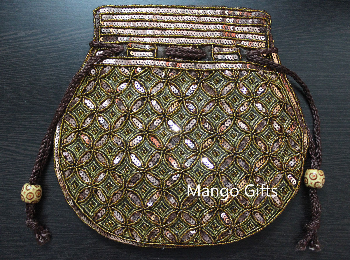 Beautiful Brown Golden Handmade Indian Fashion Potli Bag with Sequins